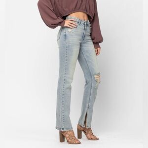 Judy Blue Distressed High Rise Inseam Slit Straight Leg Jeans